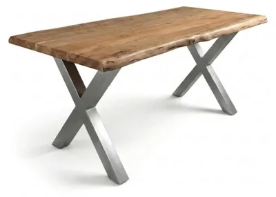 Produktbild von Baumkantentisch Cali 200 x 100 cm, Akazienholz massiv naturfarben, 50 mm Tischplatte, Esstisch mit X-Metallgestell Silber, Industrial-Design