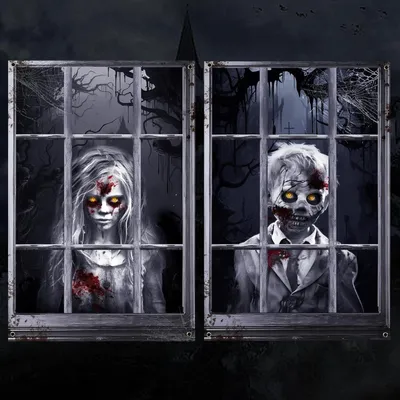 Productafbeelding van Halloween-gordijn - 2 stuks - Ramen - Griezelige kamerdecoratie met horrormotief - Voor Halloween - Binnen en buiten - Raam - Wanddecoratie (A)