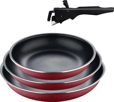 Produktbild von Bergner Click&Cook - Pfannenset 4 - teilig 18, 20 und 24 cm + Abnehmbarer Griff - Gepresstes und Antihaftbeschichtetes Aluminium - Für Alle Herdarten und Backöfen  - Bratpfanne