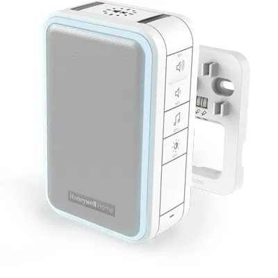 A white Honeywell Home doorbell chime with a gray speaker grille and blue trim, shown with its mounting bracket.