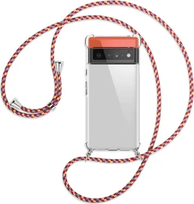 Produktbild von Handykette Backcover-Schutzhülle mit Band (Metall silberfarben) für Google Pixel 6 Pro - weinrot/gelb/grau