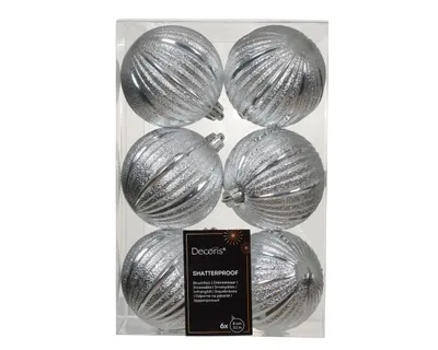 Produktbild von Weihnachtskugeln Kunststoff 8cm geriffelt 6 Stück - Silber