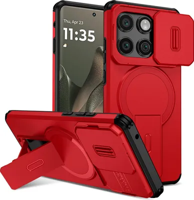 Obrázek produktu pro Magnetické pouzdro pro Motorola Edge 2025, dvouvrstvé odolné pouzdro s posuvnou ochranou fotoaparátu a nastavitelným stojánkem Červená