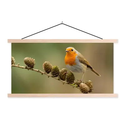 Produktbild von MuchoWow® Textilposter Vogel - Rotkehlchen - Tannenzapfen - Zweig - Herbst 60x30 cm mit holzfarbenen Rahmen - Dekoration