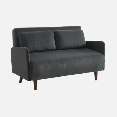 A dark gray sofa with two cushions and wooden legs, presented against a light gray background.