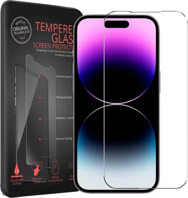 A product packaging for a screen protector for an iPhone 14 Pro, with the screen protector itself shown next to the packaging.