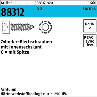 Produktbild von Reyher  Zyl.-Blechschrauben 4,8x16 -C, Kopf DIN 912 A2 (1000 Stück)