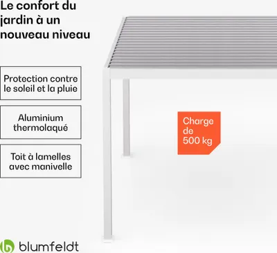 Image de Blumfeldt Tonnelle 3x3m, Tonnelle de Jardin Extérieur avec Toit à Lamelles Réglable, Cadre en Aluminium, Résistant aux Intempéries, Protection UV, Blanc, Facile à Assembler