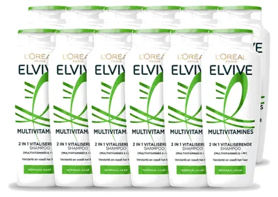 Zdjęcie produktu dla 12 sztuk szamponu L'Oréal Paris Elvive Multivitamines 2 w 1 - 250 ml - Opakowanie ekonomiczne