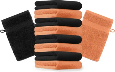 Produktbild von Betz 10 Stück Waschhandschuhe 16x21 cm PREMIUM 100% Baumwolle  Farbe: orange und schwarz