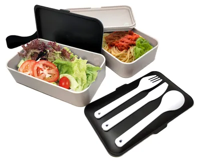 Lunchbox mit Besteck, 2 x 500 ml, schwarz/grau, spülmaschinengeeignet