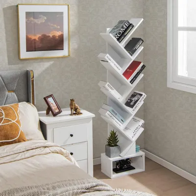 Immagine prodotto di Libreria a forma di albero, scaffale a pavimento a 10 ripiani con cassetto, scaffale portaoggetti, libreria per CD e DVD, ideale per soggiorno, ufficio o camera da letto, dimensioni 38 x 20 x 149,5 cm (bianco)