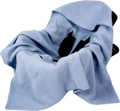 Produktbild von Babylux Musselin Einschlagdecke mit Kapuze – 90x90 cm – Sommer Babydecke für Autositz & Babyschale – 100% Baumwolle – Atmungsaktiv & Leicht - Jeans