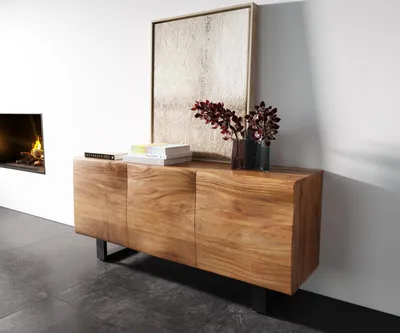 Produktbild von DELIFE Sideboard New Live-Edge 145 cm Akazie Natur 3 Türen Kufe Metall Schwarz