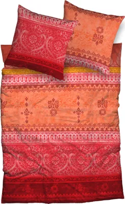 A folded duvet cover and two pillowcases with a patterned design.