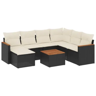 Produktbild von Modulare Garten-Lounge-Set 8-tlg., Poly Rattan & Akazienholz, mit Stauraum & wasserabweisendem Beutel, UV-beständig, Cremeweiße Kissen, Schwarz