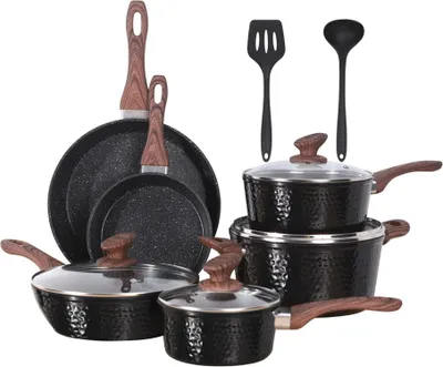 Produktbild von Induktionskochgeschirr-Set - 12-teilig, Antihaftbeschichtet, Granitoptik, Schwarz