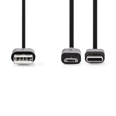 Produktbild von Nedis 2 in 1-Kabel - USB 2.0 - USB-A Stecker - USB Micro-B Stecker / USB-C Stecker - 480 Mbps - 1.00 m - Vernickelt - Rund - PVC - Schwarz - Label
