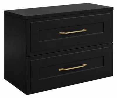 Produktbild von Badezimmerschrank hängend 80 mit Schubladen, Korpus in Schwarz + Platte in Schwarz, Griffe in Gold, 80 x 46 x 58,6 cm, KI-generiertes Bild