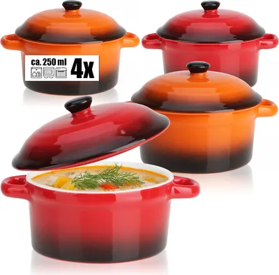 Produktbild von com-four® 4x Auflaufform mit Deckel aus Keramik - Dessertschale für z.B. Ragout fin in orange und rot, 250/175 ml je Form
