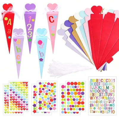Image de Kit de fabrication de sacs à dos scolaires (Schultüten), 32 pièces, de petite taille, pour être remplis par les adultes, avec des autocollants et un ruban