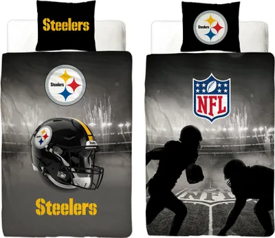 Collage of two Pittsburgh Steelers themed bedding sets, one with a helmet and logo, the other with football players and the NFL logo.
