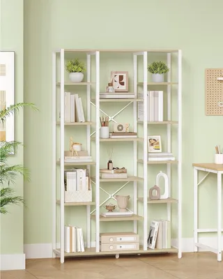 Image de Bibliothèque de 30 x 100 x 170 cm avec 6 niveaux et 15 compartiments ouverts, meuble de rangement réglable en blanc chêne et blanc