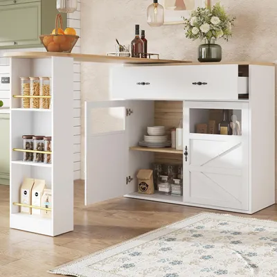 Produktbild von STILVORA Kücheninsel mit Stauraum,Ausziehbarer Bartisch um 360° drehbar,Beweglicher Küchenschrank aus MDF mit Regalen,Weiß