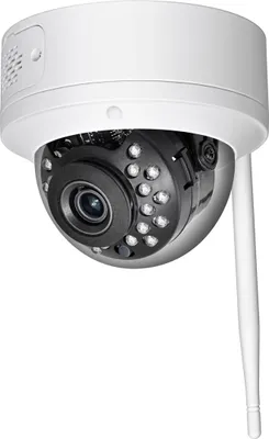 A white dome IP camera with a black lens and IR LEDs is shown against a white background.