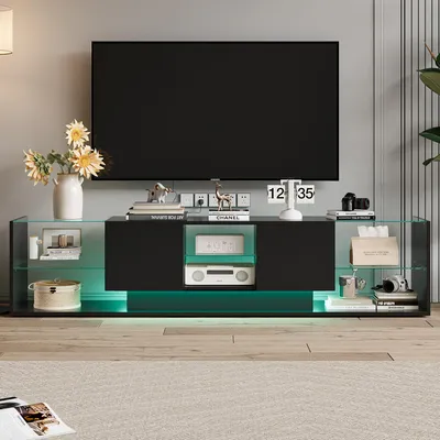 Immagine prodotto di Porta TV 200 x 39 x 42 cm, con illuminazione LED regolabile, ripiani in vetro, 2 cassetti, adatto a televisori da 90 pollici, nero