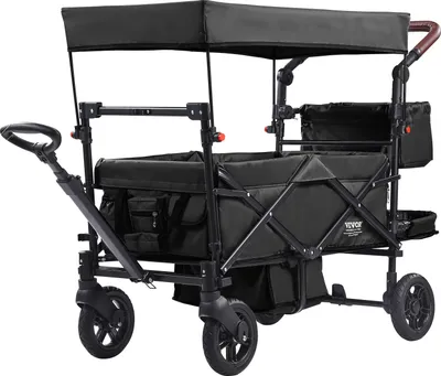 Produktbild von VEVOR Buggy für 2 Kinder, zusammenklappbarer Push-Pull-Kinderwagen mit verstellbarem Griff, umlaufendem Gurt, abnehmbarem Verdeck, 4 Rädern mit Bremsen, multifunktionaler Tandem-Kinderwagen