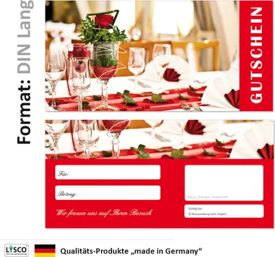 Produktbild von 20 Stück Geschenkgutscheine (Gedeck-702) Gutscheine Gutscheinkarten für Bereiche wie Gastronomie Restaurant Feiern Veranstaltungen Hochzeit