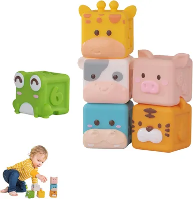 Produktbild von Bausteine Stapelturm Baby - 6 teilige Montessori Sensorik Spielzeug, Tierform Weiche Building Blocks mit Zahlen und Mustern, Stapelspielzeug