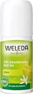 A product shot of a Weleda Citrus 24H Roll-On Deodorant.