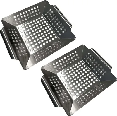 Produktbild von 2er Set Edelstahl Grillkorb 20 x 20 x 4 cm Grill Gemüsepfanne BBQ Lochpfanne Grillschale Grillrost Gemüsekorb