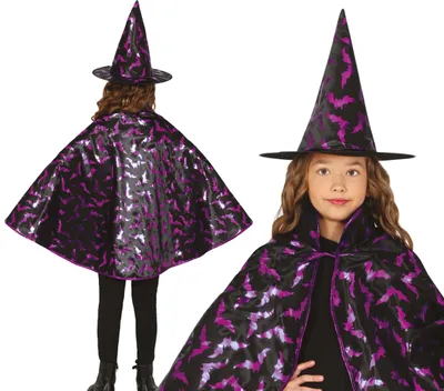 Immagine prodotto di Mantello magico per bambini con pipistrelli e cappello - strega - Halloween