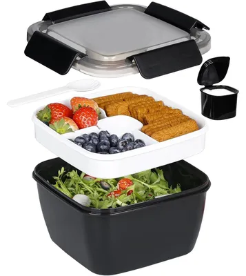Productafbeelding van Lunchbox van 1500 ml, zwart, met 3 compartimenten en een bakje voor dressing, lekvrij, inclusief vork