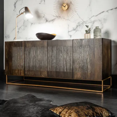 Obrázek produktu pro riess-ambiente Masivní příborník ONYX 180 cm tmavě hnědé mangové dřevo drahokam achát zlatý kovový rám komoda příborník skříňka