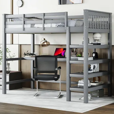 Image de Lit superposé 90x200 avec bureau et étagères, lit pour enfant/adolescent avec barrière de sécurité, en bois MDF, couleur gris