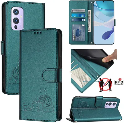 Produktbild von Leder Hülle für OnePlus 9 Süße Katze Flip Case Brieftasche Schutzhülle mit Standfunktion Grün