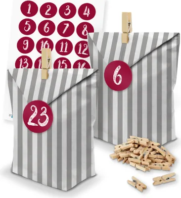 Produktbild von itenga SET Adventskalender 24 x Tüten Streifen + Klammern + Zahlensticker (Z49)