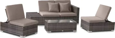 A set of outdoor furniture including a sectional sofa, a coffee table, and two chairs, arranged on a white background.