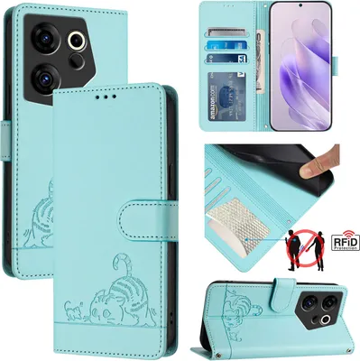 Produktbild von Leder Hülle für Tecno Camon 20 Premier Süße Katze Flip Case Brieftasche Schutzhülle mit Standfunktion hellgrün