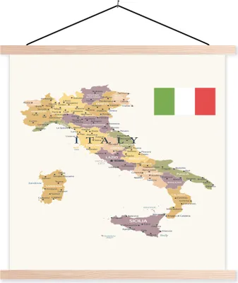 Produktbild von MuchoWow® Textilposter Karte von Italien 120x120 cm mit holzfarbenen Rahmen - Textil-Poster