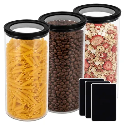 Produktbild von Relaxdays Vorratsgläser, 3er Set, 1200 ml, luftdichter Deckel, Etiketten, Glas Vorratsdosen, Küche, transparent/schwarz
