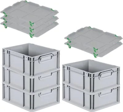 Produktbild von SparSet 5x Eurobox NextGen Grip mit Auflagedeckel inkl. 4 grünen Schiebeschnappverschlüssen | HxBxT 17x30x40cm | 16 Liter | Grau | Griffe geschlossen | Glatter Boden | Eurobehälter, Transportbox, Transportbehälter, Stapelbehälter