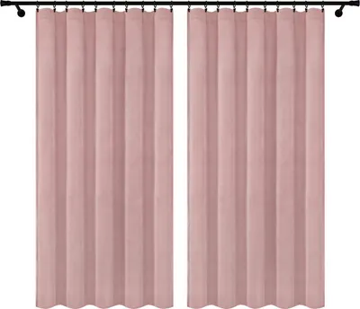 Two pink velvet curtains hanging on a black curtain rod against a white background.