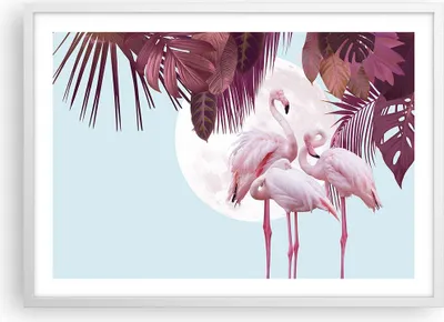 Produktbild von Gerahmtes Poster - Weißer Rahmen - Flamingos Palmen Mond - 70x50 cm - Wand Bild - Wanddeko - Wandbilder - Kunstposter - Wandposter - Bilderrahmen - Bilder - Kunstdruck - P2WAA70x50-4598