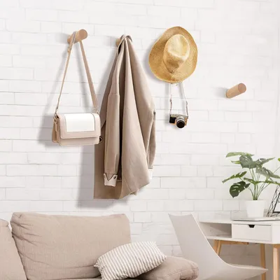 Produktbild von Holz Kleiderhaken Set von 6 - Natürliche Wandhaken für Jacken, Hüte und Schals