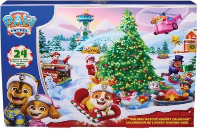 A festive holiday scene with Paw Patrol characters and a Christmas tree, depicted on the packaging of an advent calendar.